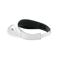 A white visor featuring a stitched design and a branded logo on the side. The interior is black.