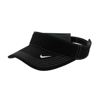 A black visor with white stitching and a brand logo. Designed for headwear, featuring a wide brim for sun protection.