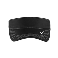A black visor with white stitching and a logo on the front, designed for headwear.