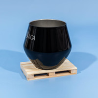 A drink bottle in a sleek black finish, placed on a wooden coaster against a blue background. It features a logo.