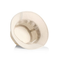 A nylon bucket hat in a light beige colour with a wide brim and an inner lining. It features a branded logo.