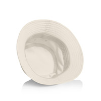 A cream Nylon Bucket Hat featuring a wide brim, with an interior lining and a small logo inside.