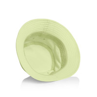 A light green nylon bucket hat with an inner lining, featuring a logo inside.