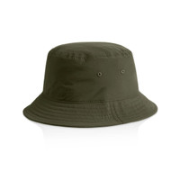 An olive green nylon bucket hat with a wide brim and ventilation eyelets, featuring a logo.