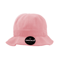 A pink bucket hat with a branded logo on the front, featuring a wide brim and soft fabric.