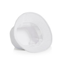 A white Terry Bucket Hat with a soft, textured interior and a wide brim. Features a logo on the exterior.