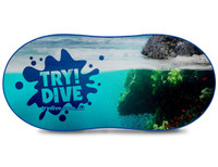 A full-colour sunshade featuring a vibrant underwater scene with fish and coral, and a blue land outline above water.