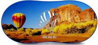 A full-colour sunshade featuring a scenic landscape with a hot air balloon and desert terrain, adorned with a logo.