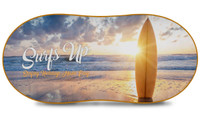 A full-colour sunshade featuring a surfboard on a beach at sunset with "Surfs Up" text and a logo.