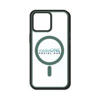 A green and clear phone case with a logo and MagSafe compatibility. Designed for iPhone models.