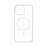 A transparent white MagSafe iPhone case featuring a circular magnetic area. The case has a minimalistic design.