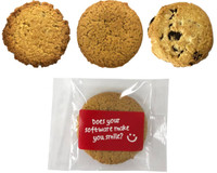 Gluten-free biscuits in a cello bag, featuring a variety of textures and colours, including a chocolate chip cookie.