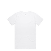 A white organic t-shirt displayed flat, featuring a round neckline and short sleeves. The shirt has a branded label.