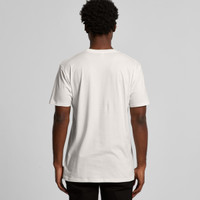 A plain white organic t-shirt with short sleeves, viewed from the back. It features a logo on the upper back area.