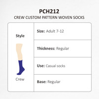 Crew custom pattern woven socks in navy blue, featuring a logo and designed for adults sizes 7-12 with regular thickness.