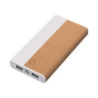A rectangular power bank in white and tan with a textured finish, featuring dual USB ports and a logo.