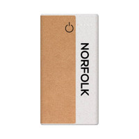 A wireless eco power bank in beige and white with a textured surface and a logo.