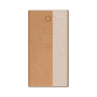 A wireless power bank in cream and cork, featuring an on/off button and a branding logo.