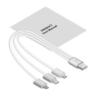 A user manual and a white charging cable with multiple connectors for different devices.