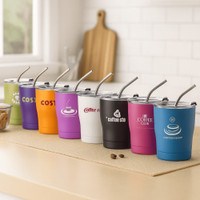 A drink bottle collection featuring various colourful tumblers with reusable straws and logos.