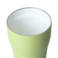 A drink bottle in a light green colour with a white interior and a silver rim. It features a logo.