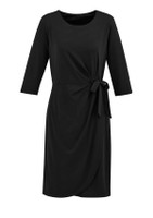 A black women's dress with a tie detail at the waist and three-quarter sleeves. It features a wrap style design.