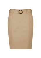 A mid waist stretch chino skirt in a light tan colour featuring a decorative belt with a circular buckle.