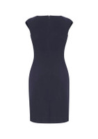 A navy blue women's dress with a fitted silhouette and cap sleeves, featuring a zip closure at the back.