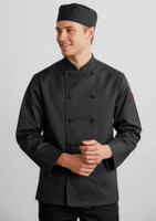 A black long sleeve chef jacket with a buttoned front and a matching chef hat. The model is smiling.