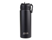 A drink bottle featuring a black matte finish, a sipper spout, and a secure cap, with a logo on the body.