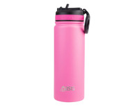A drink bottle in bright pink with a black spout and handle, featuring a logo on the side.