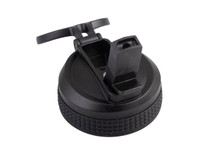 A drink bottle spout lid in black, featuring a flip-top design and textured grip for easy handling.