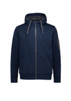 A navy unisex zip front hoodie featuring multiple pockets and a hood. It has a logo on the sleeve.