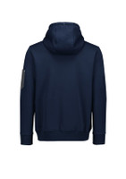 A navy unisex zip-front hoodie featuring a hood and a multi-pocket design, including a pocket on the sleeve.