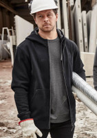 A black unisex zip front multi-pocket hoodie displayed on a person wearing gloves and a hard hat in a work environment.