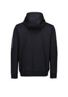 A black unisex zip front hoodie with a multi-pocket design and a hood, featuring a logo on the sleeve.