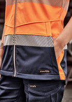 A softshell jacket in orange and navy with a zip front and pockets, featuring a logo on the side.