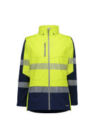 A women's 2 in 1 stretch softshell jacket in high visibility yellow and navy, featuring reflective stripes and a logo.