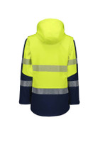A women's softshell jacket in fluorescent yellow and navy, featuring reflective stripes and a hood.