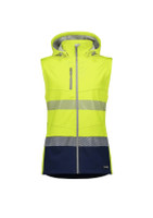 A women's high-visibility yellow and navy 2-in-1 stretch softshell jacket with a hood and reflective stripes.