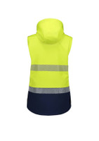 A women's 2-in-1 stretch softshell jacket in high visibility yellow with navy stripes and a hood. Features a logo.