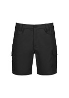 Men's essential stretch cargo shorts in black, featuring multiple pockets and a fitted design. Includes a branding logo.