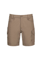 Men's essential stretch cargo shorts in a khaki colour, featuring multiple side pockets and a button closure.