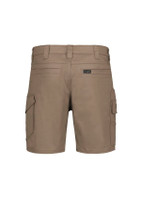 Men's essential stretch cargo shorts in a khaki colour, featuring multiple side pockets and a logo on the waistband.