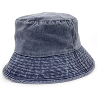 A washed chino bucket hat featuring a two-tone design in shades of blue. Includes a logo detail.