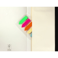 A diary with a black cover partially open, featuring colourful sticky tabs in neon pink, green, yellow, and orange.