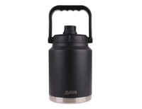 A drink bottle in black with a stainless steel base and a sturdy carry handle on top. It features a branding logo.