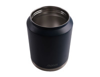 A drink bottle in navy blue with a stainless steel base and a carry handle. It features a logo on the side.