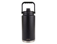 A drink bottle with a black exterior and stainless steel base, featuring a carry handle and a black lid.