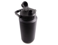 A drink bottle in matte black with a vacuum-insulated design and a carry handle. It features a screw-on lid and spout.